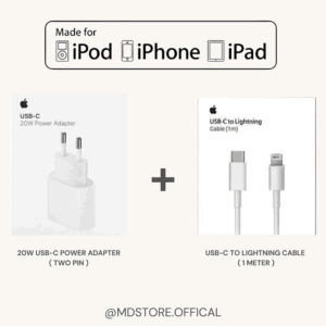 20W USB-C Power Adapter ( 2 Pin ) + USB-C to Lightning Cable ( 1 Meter )