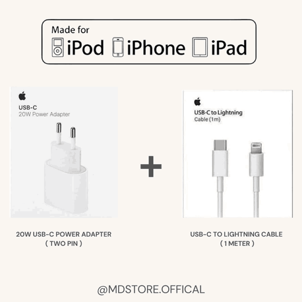 20W USB-C Power Adapter ( 2 Pin ) + USB-C to Lightning Cable ( 1 Meter )