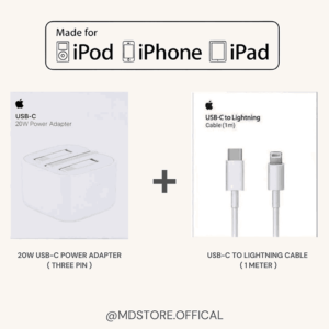 20W USB-C Power Adapter ( 3 Pin ) + USB-C to Lightning Cable ( 1 Meter )