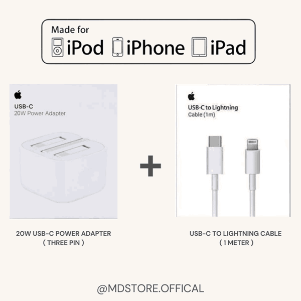 20W USB-C Power Adapter ( 3 Pin ) + USB-C to Lightning Cable ( 1 Meter )